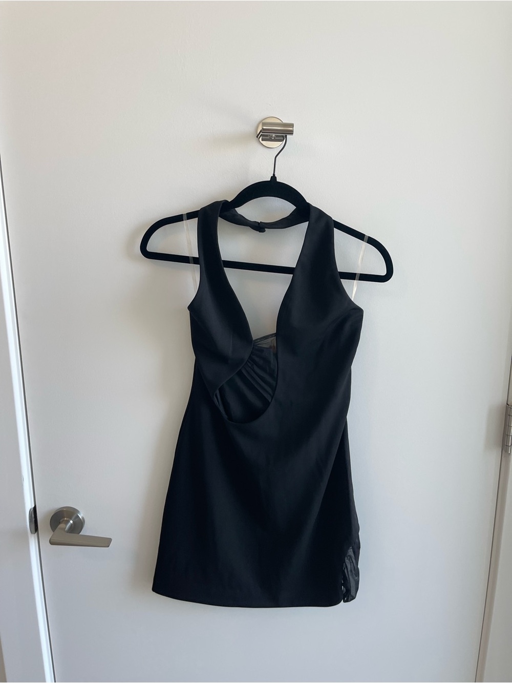 Meshki Aubree Crepe and Mesh Black Cutout Halter Mini Dress - Picture 2 of 8